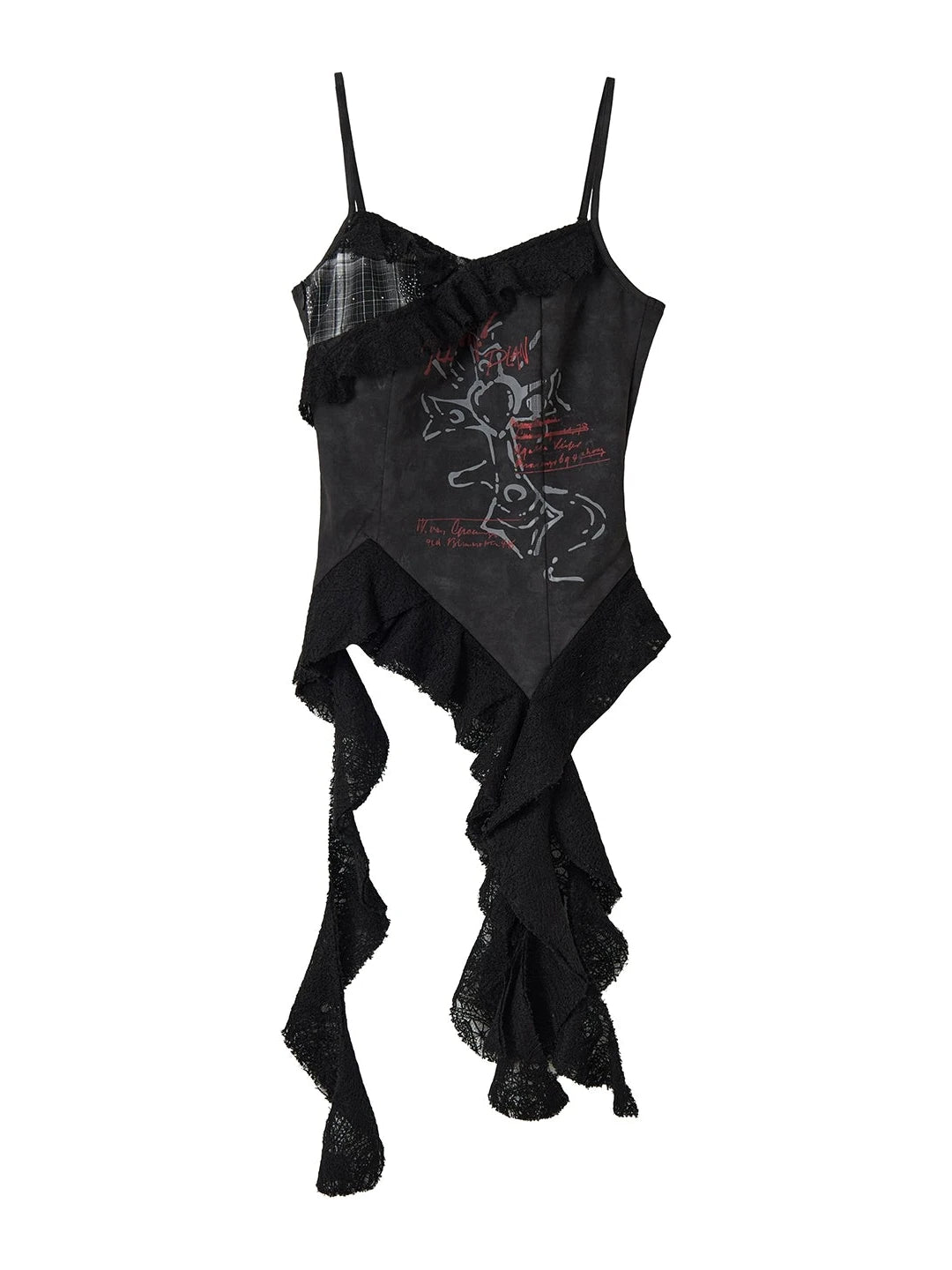 Asymmetrical Lace Trim Punk Print Tank Top