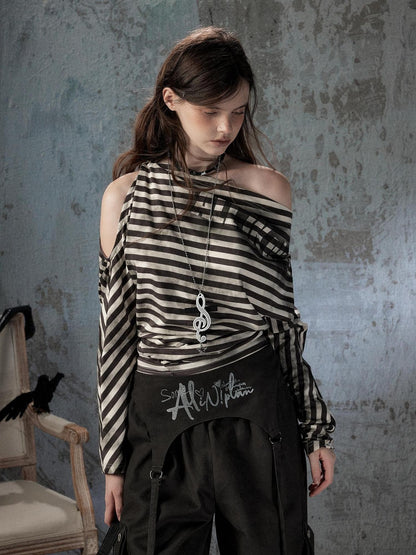 ALL iN plan Asymmetrical Striped Off Shoulder Bat Sleeve Women&