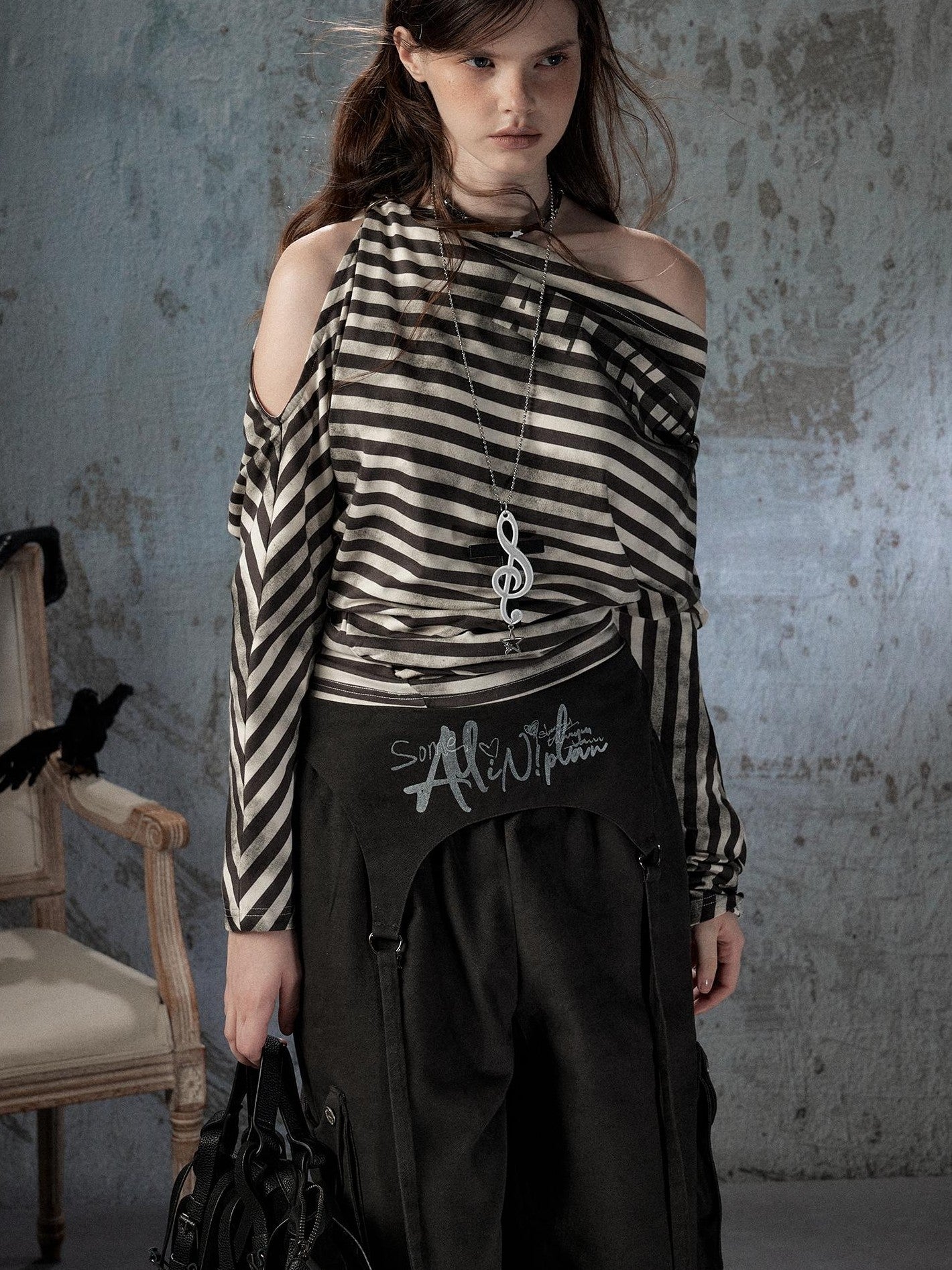 ALL iN plan Asymmetrical Striped Off Shoulder Bat Sleeve Women&