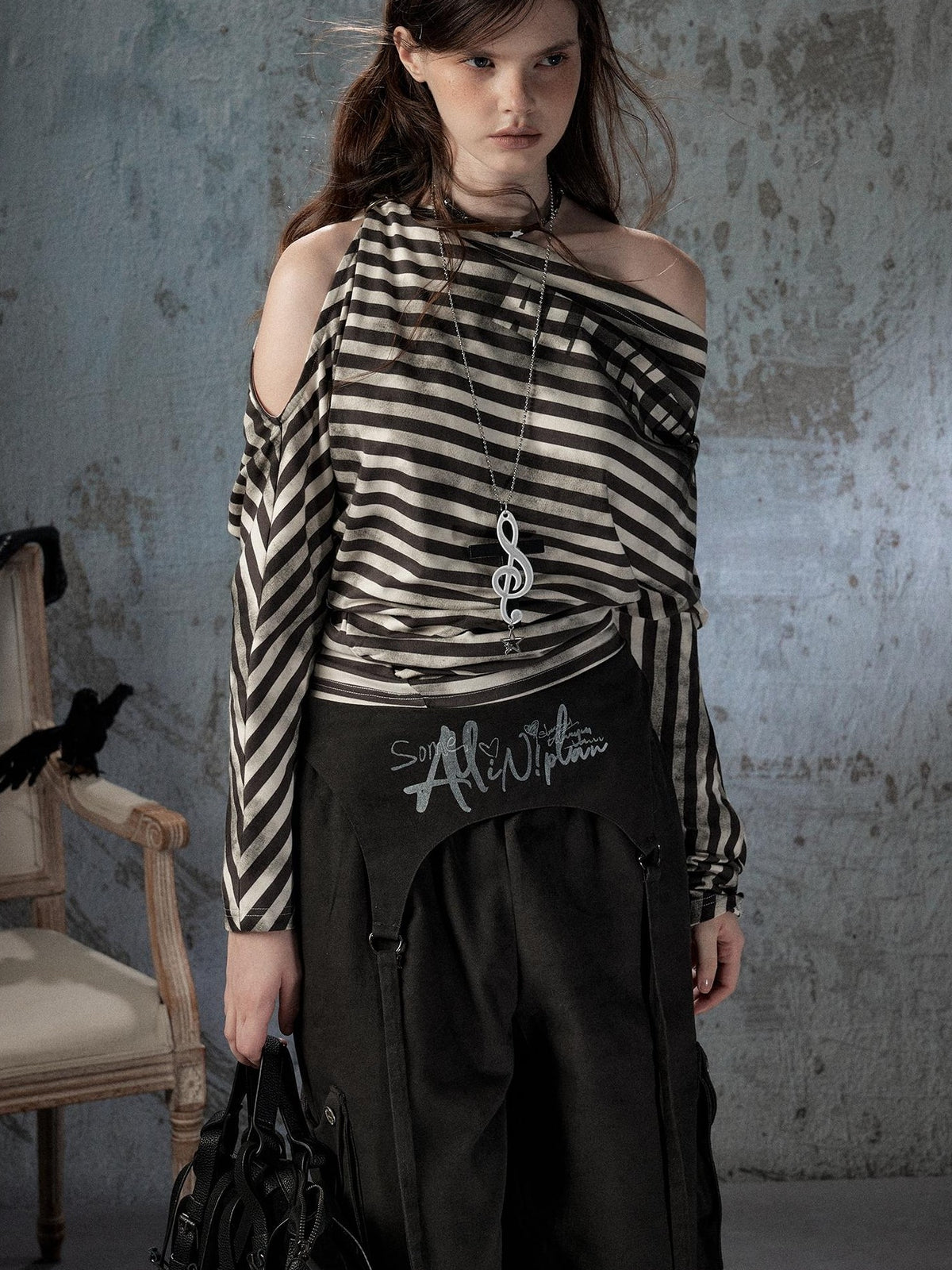ALL iN plan Asymmetrical Striped Off Shoulder Bat Sleeve Women&