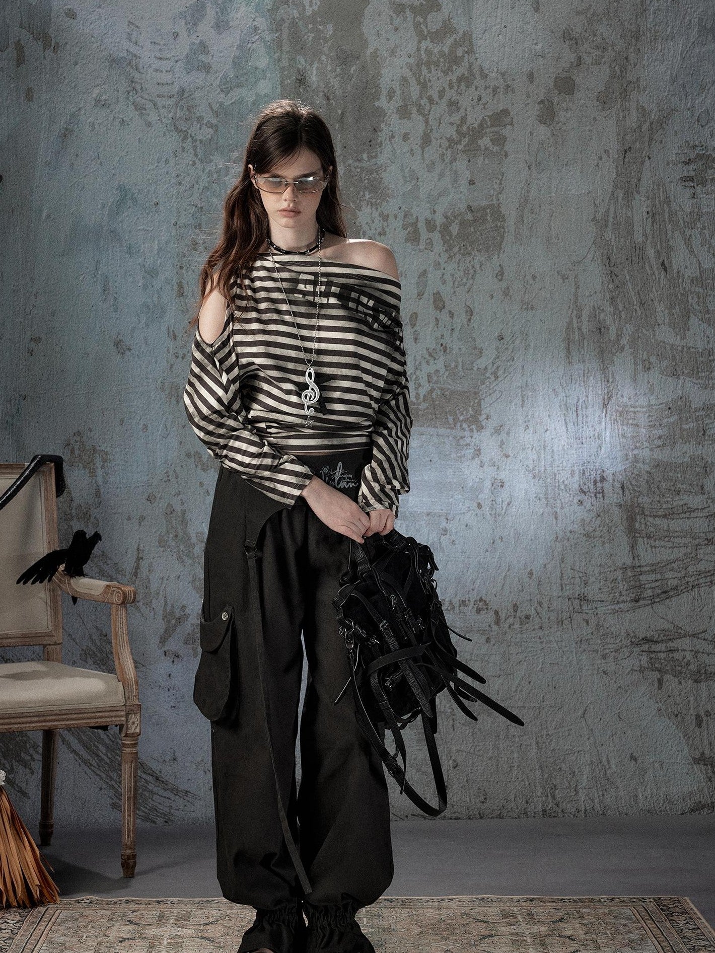 ALL iN plan Asymmetrical Striped Off Shoulder Bat Sleeve Women&