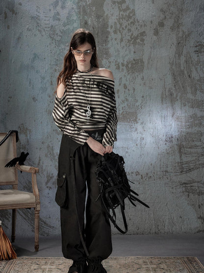 ALL iN plan Asymmetrical Striped Off Shoulder Bat Sleeve Women&