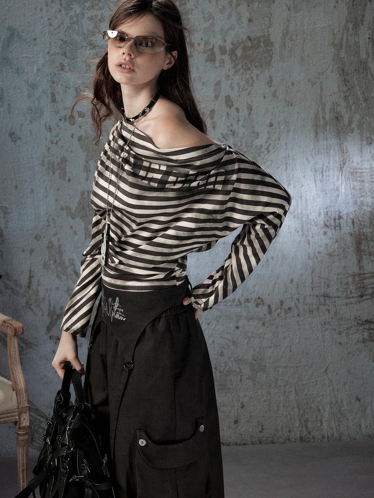 ALL iN plan Asymmetrical Striped Off Shoulder Bat Sleeve Women&