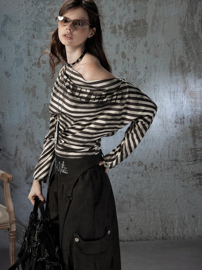 ALL iN plan Asymmetrical Striped Off Shoulder Bat Sleeve Women&
