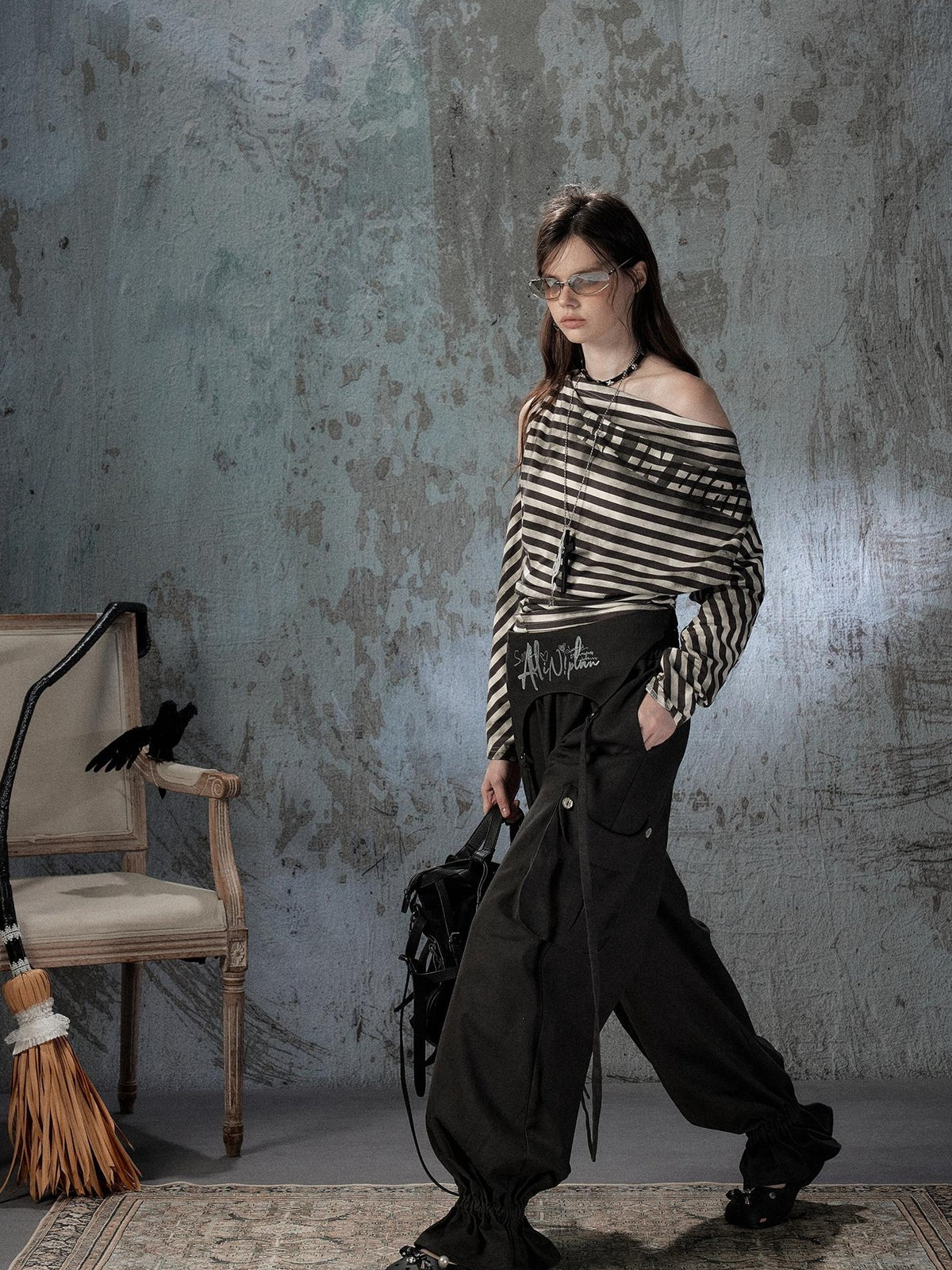 ALL iN plan Asymmetrical Striped Off Shoulder Bat Sleeve Women&
