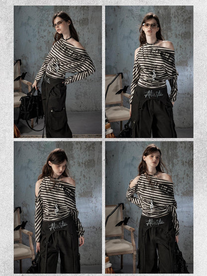 ALL iN plan Asymmetrical Striped Off Shoulder Bat Sleeve Women&