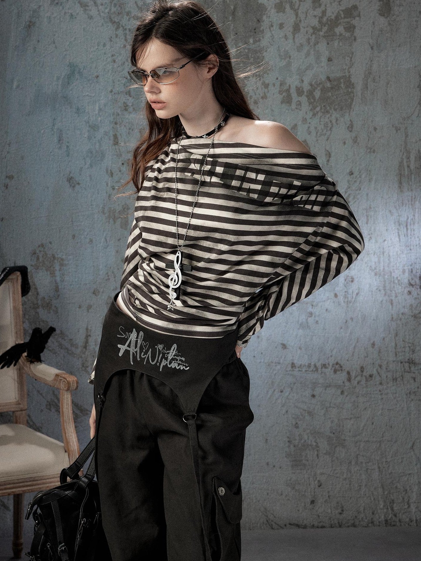 ALL iN plan Asymmetrical Striped Off Shoulder Bat Sleeve Women&