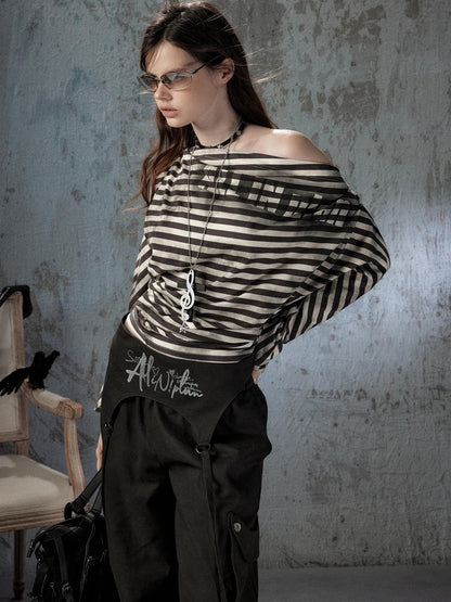 ALL iN plan Asymmetrical Striped Off Shoulder Bat Sleeve Women&