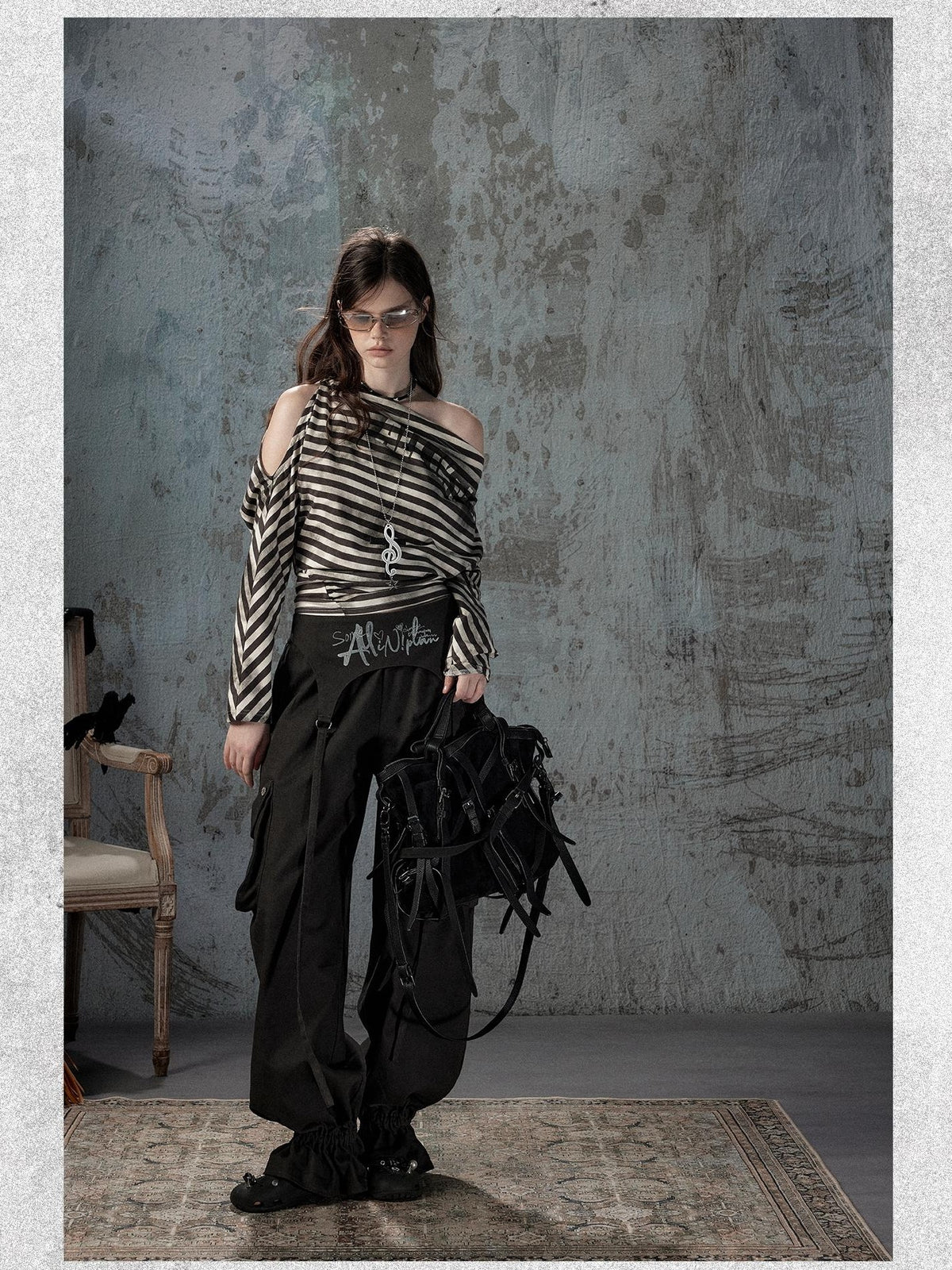 ALL iN plan Asymmetrical Striped Off Shoulder Bat Sleeve Women&