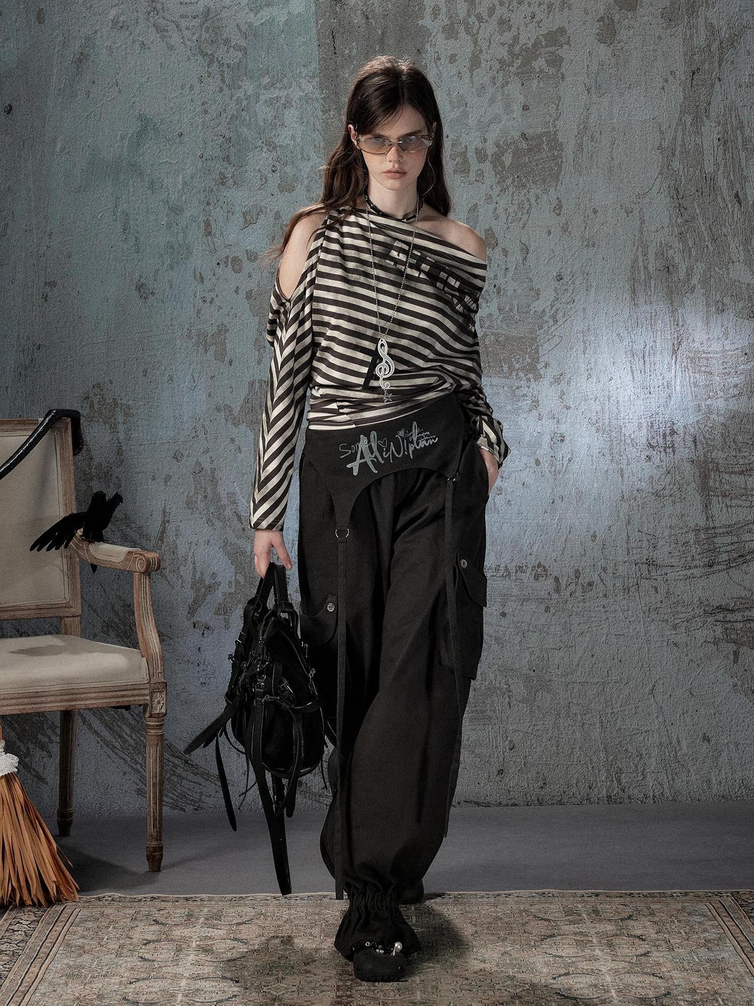 ALL iN plan Asymmetrical Striped Off Shoulder Bat Sleeve Women&