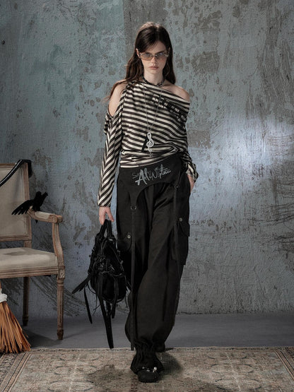 ALL iN plan Asymmetrical Striped Off Shoulder Bat Sleeve Women&