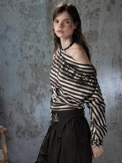 ALL iN plan Asymmetrical Striped Off Shoulder Bat Sleeve Women&