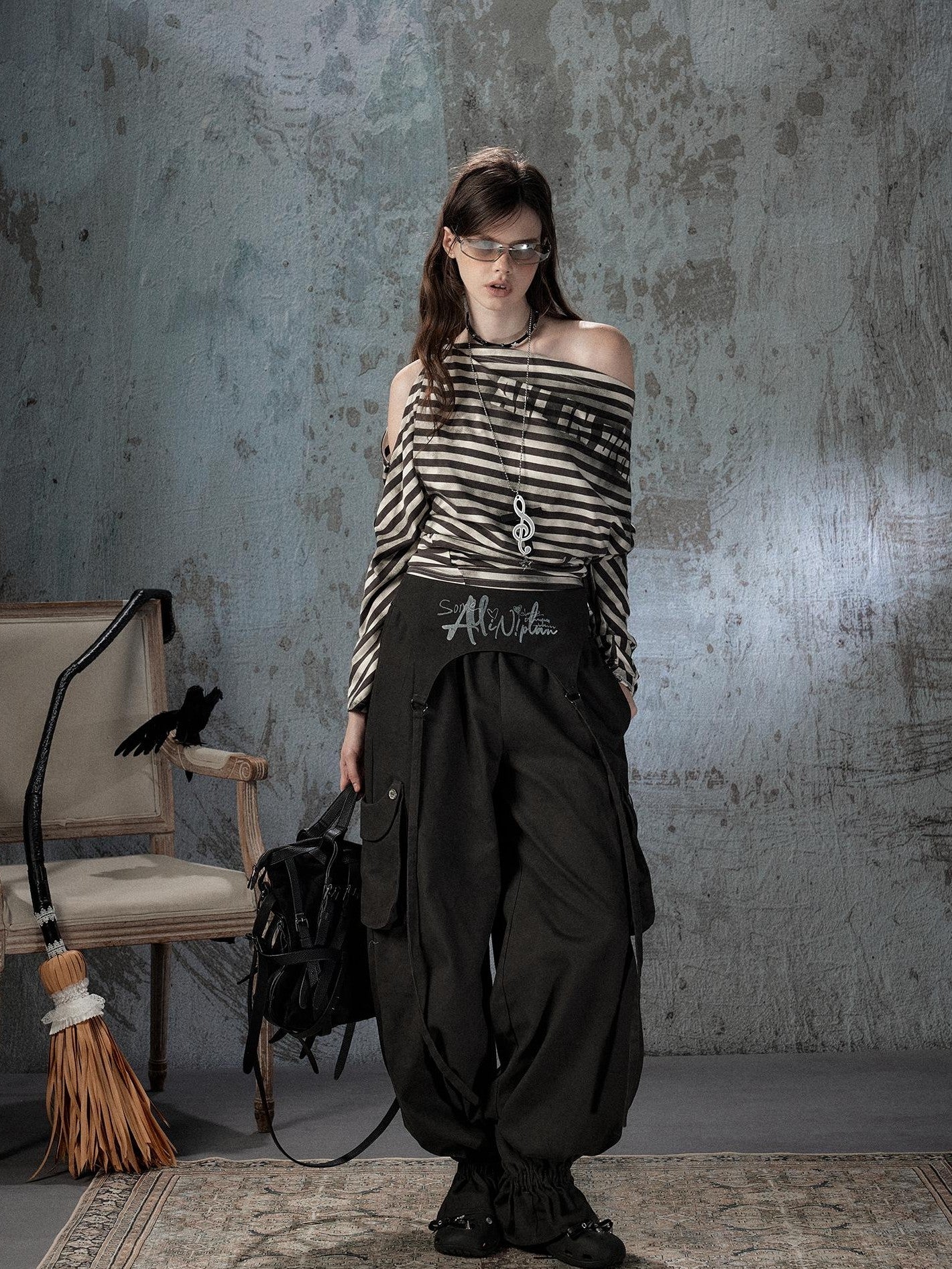 ALL iN plan Asymmetrical Striped Off Shoulder Bat Sleeve Women&