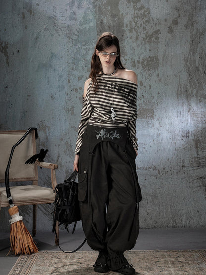 ALL iN plan Asymmetrical Striped Off Shoulder Bat Sleeve Women&
