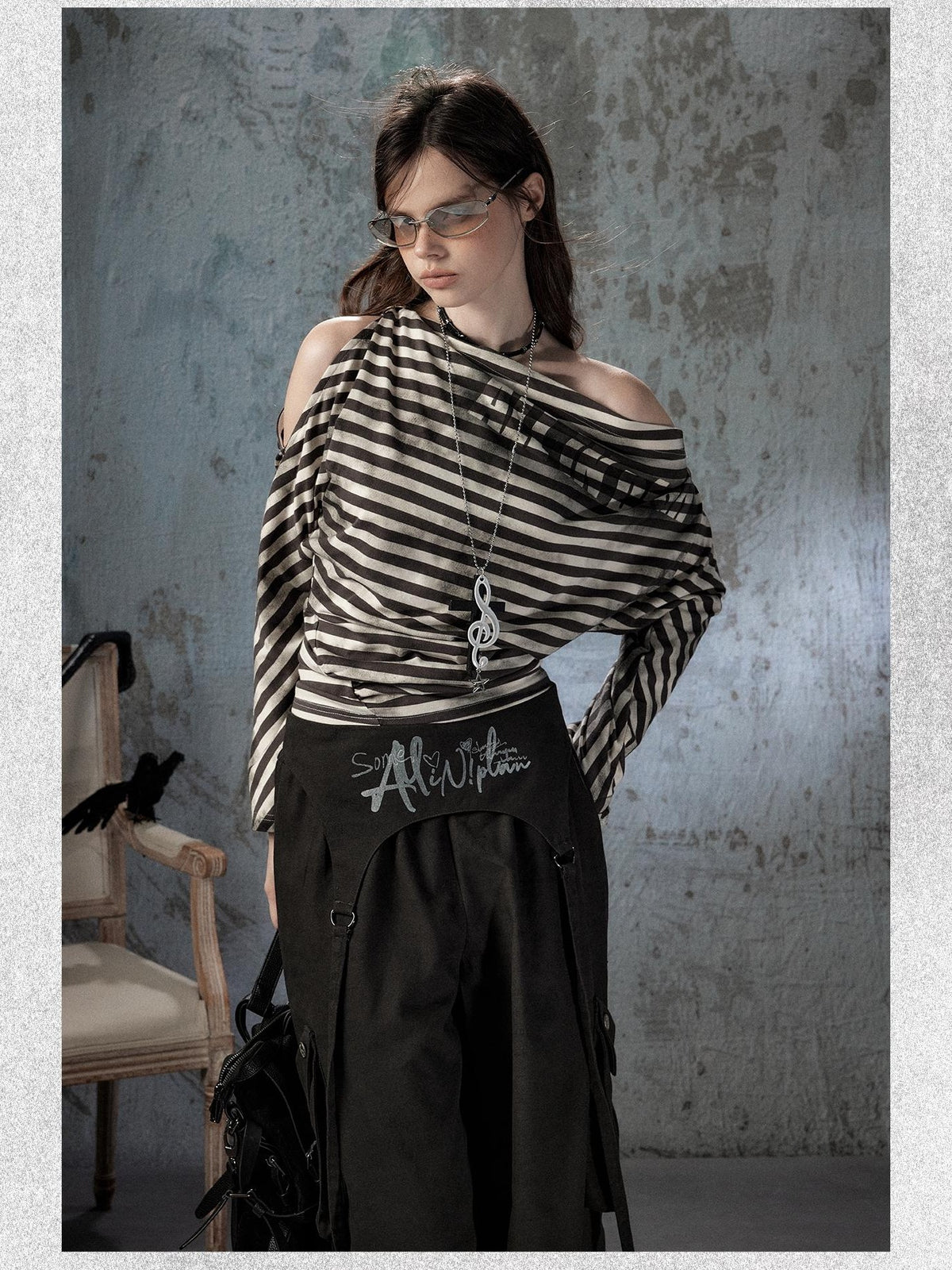 ALL iN plan Asymmetrical Striped Off Shoulder Bat Sleeve Women&