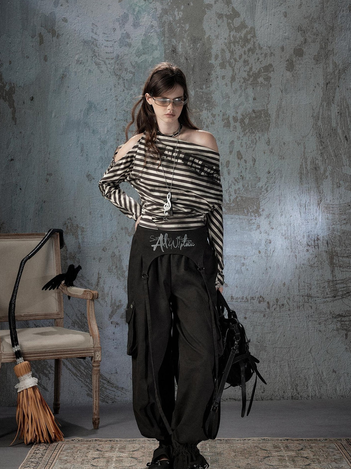 ALL iN plan Asymmetrical Striped Off Shoulder Bat Sleeve Women&