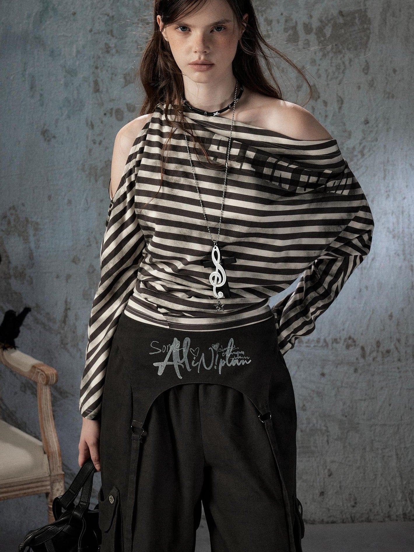 ALL iN plan Asymmetrical Striped Off Shoulder Bat Sleeve Women&