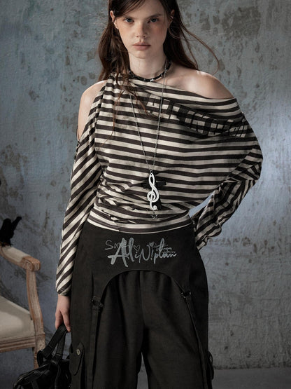 ALL iN plan Asymmetrical Striped Off Shoulder Bat Sleeve Women&