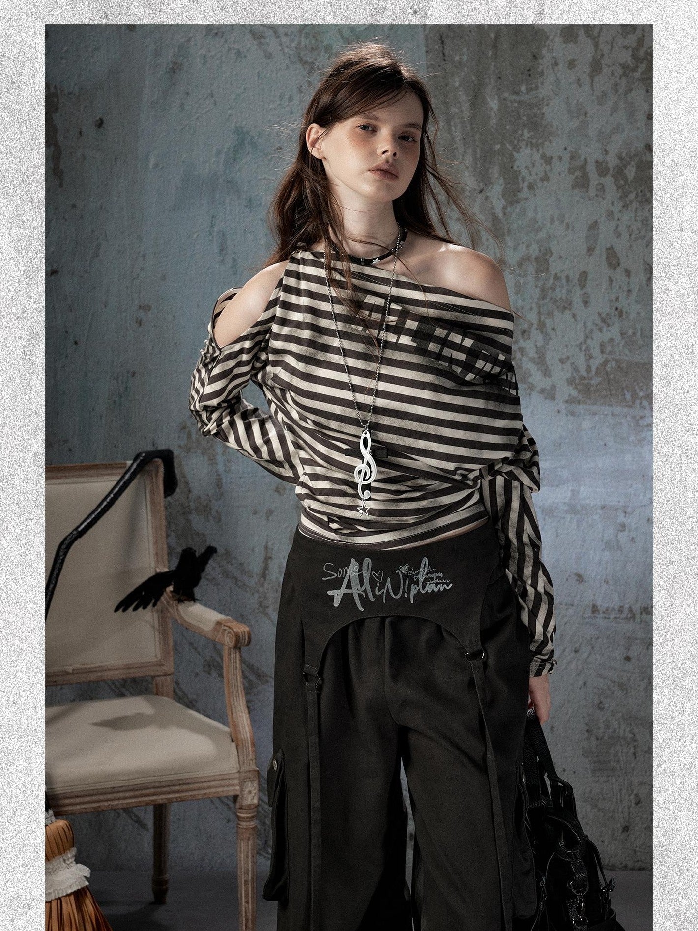 ALL iN plan Asymmetrical Striped Off Shoulder Bat Sleeve Women&