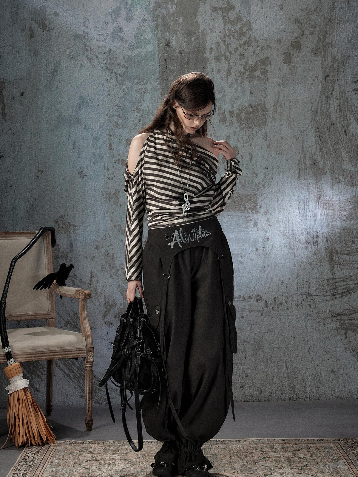 ALL iN plan Asymmetrical Striped Off Shoulder Bat Sleeve Women&