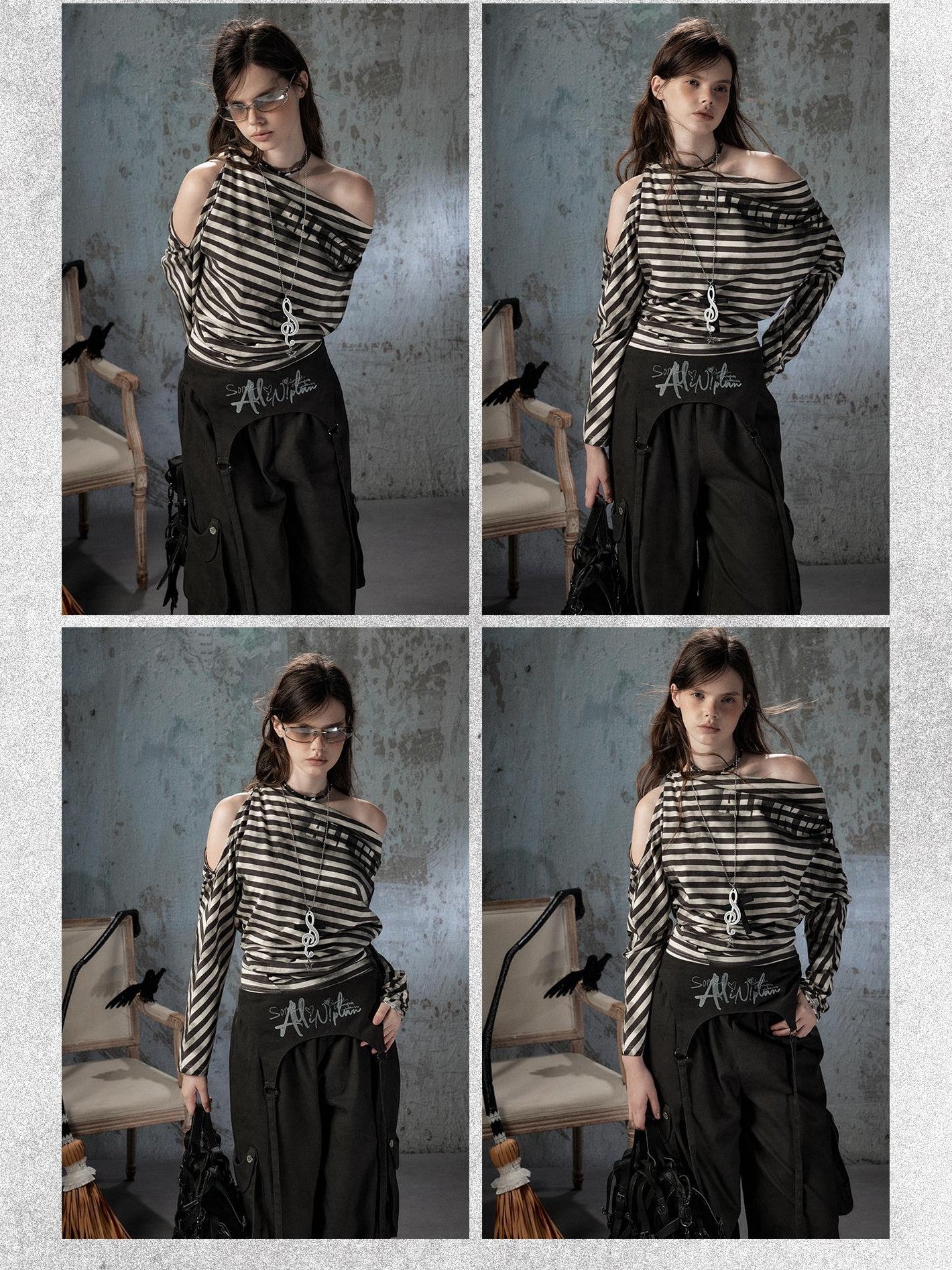 ALL iN plan Asymmetrical Striped Off Shoulder Bat Sleeve Women&