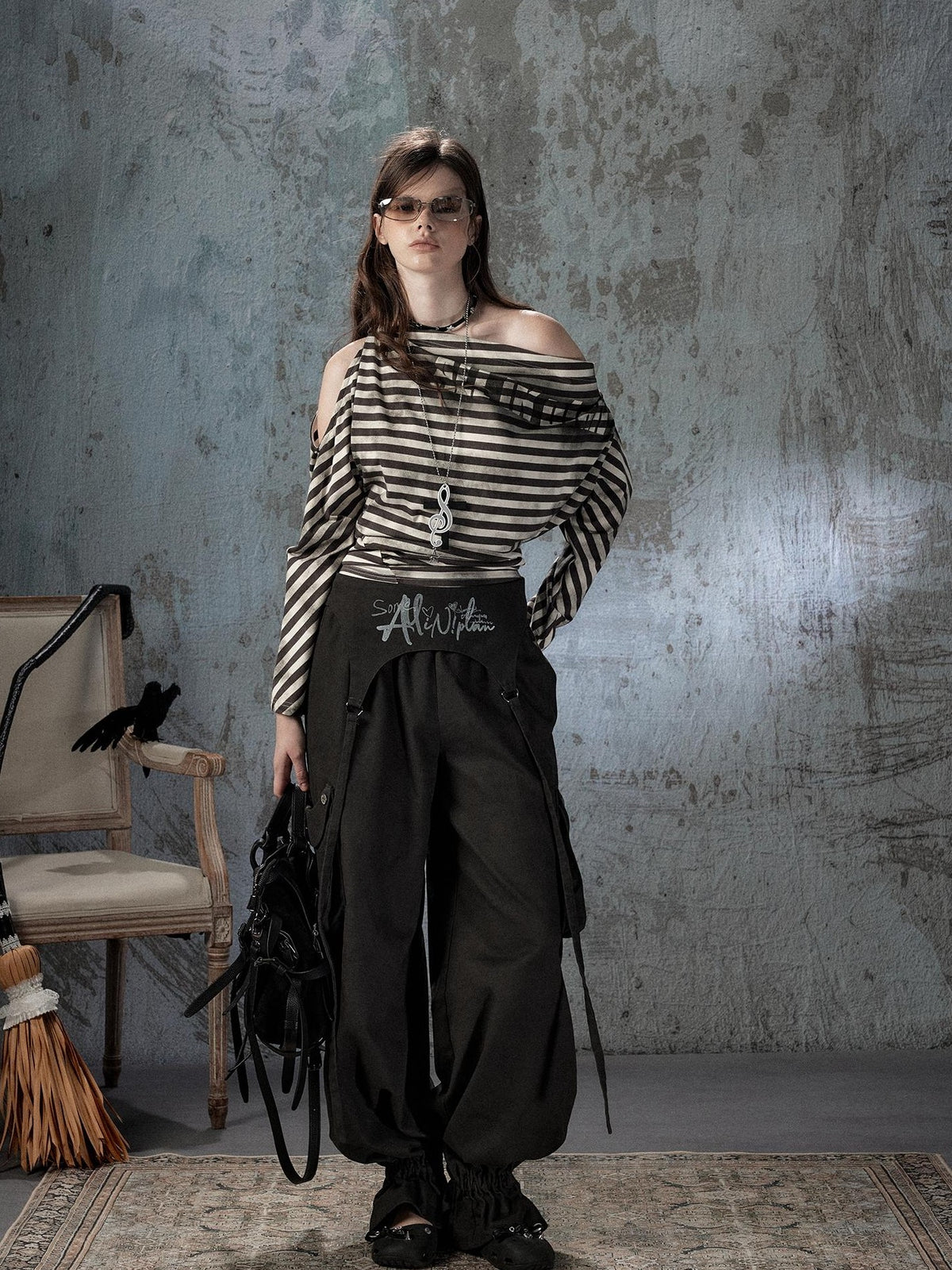 ALL iN plan Asymmetrical Striped Off Shoulder Bat Sleeve Women&