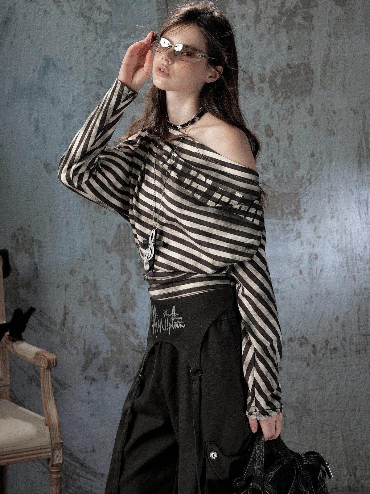 ALL iN plan Asymmetrical Striped Off Shoulder Bat Sleeve Women&