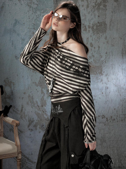 ALL iN plan Asymmetrical Striped Off Shoulder Bat Sleeve Women&