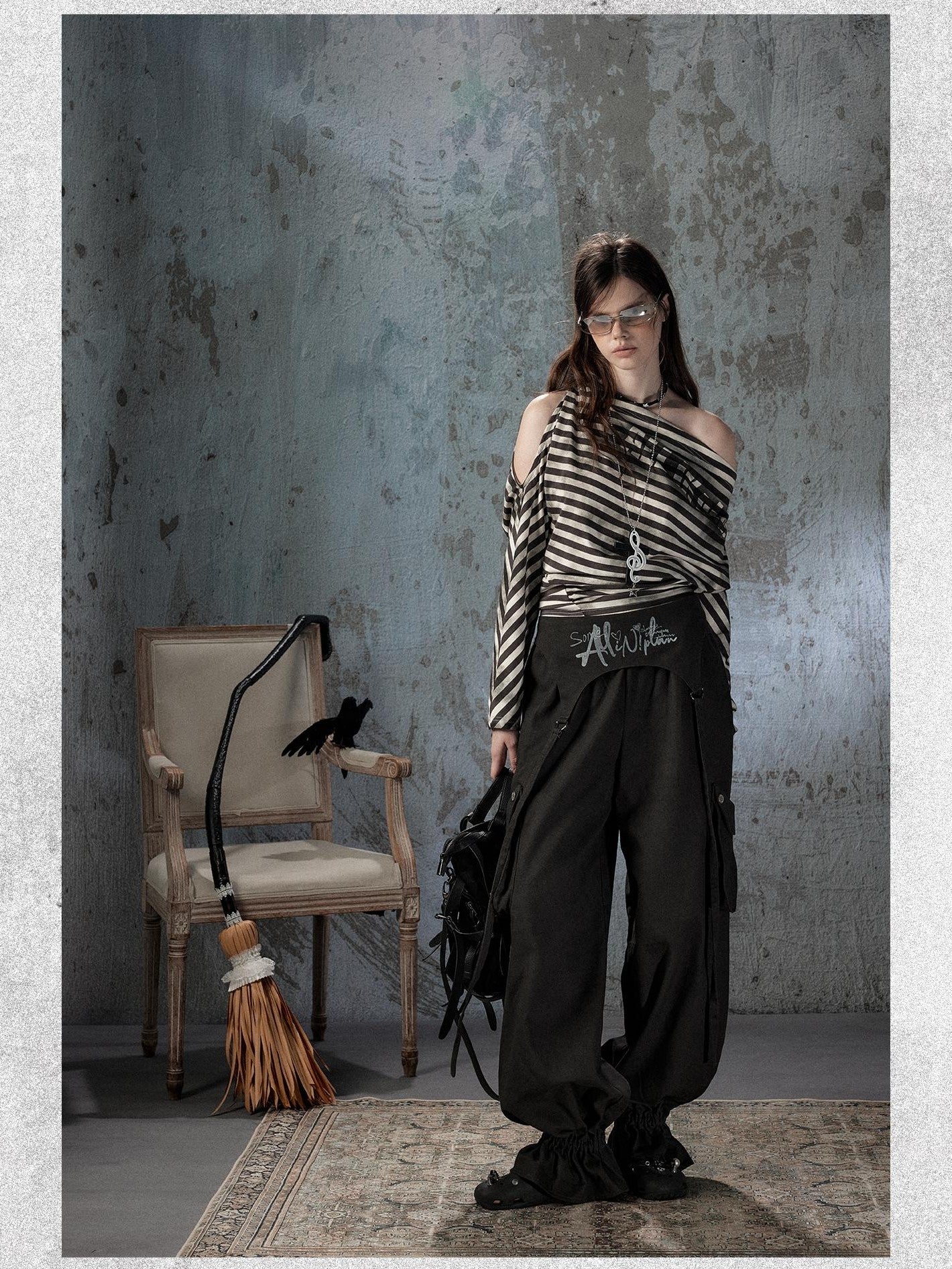 ALL iN plan Asymmetrical Striped Off Shoulder Bat Sleeve Women&