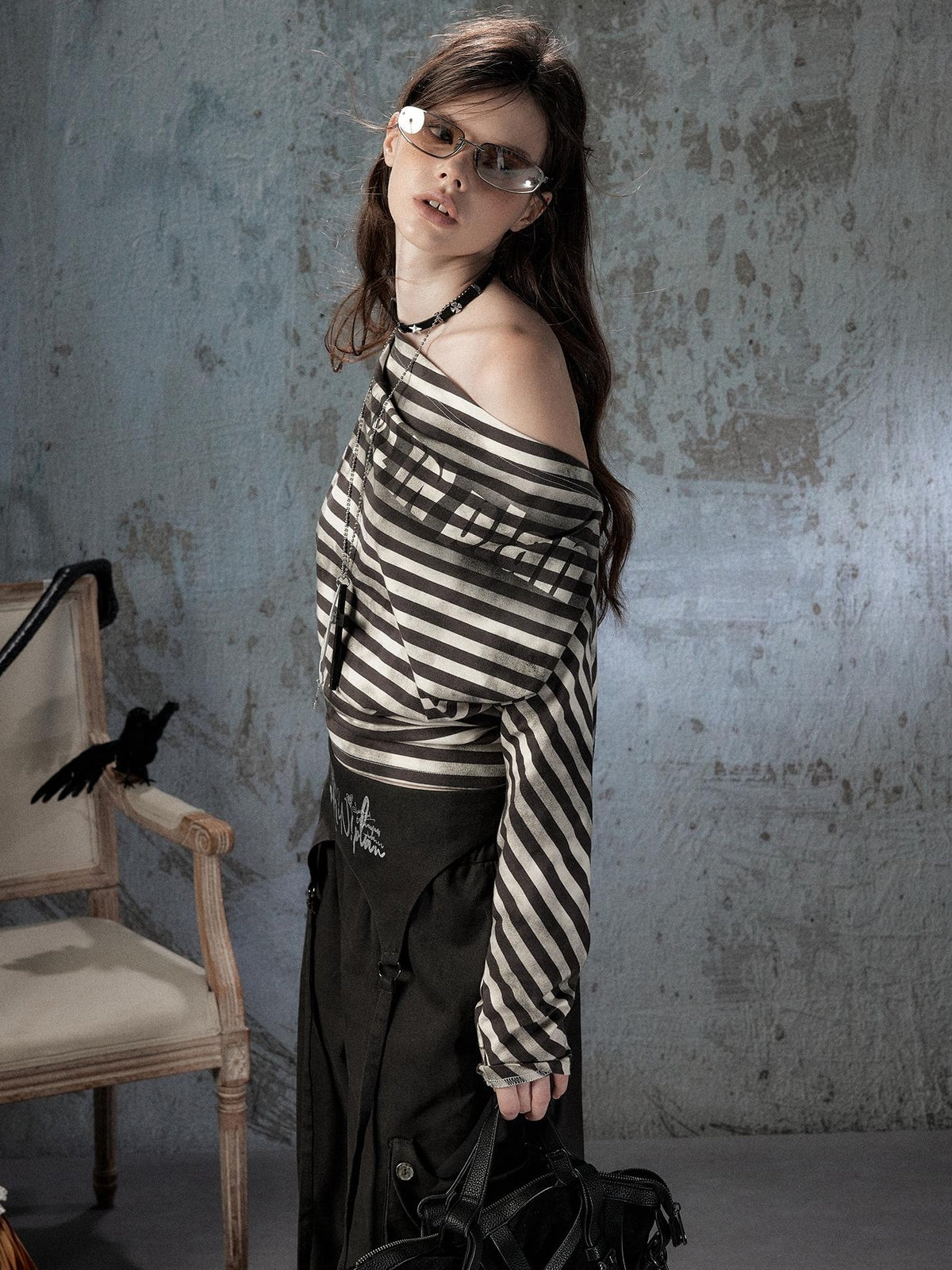 ALL iN plan Asymmetrical Striped Off Shoulder Bat Sleeve Women&