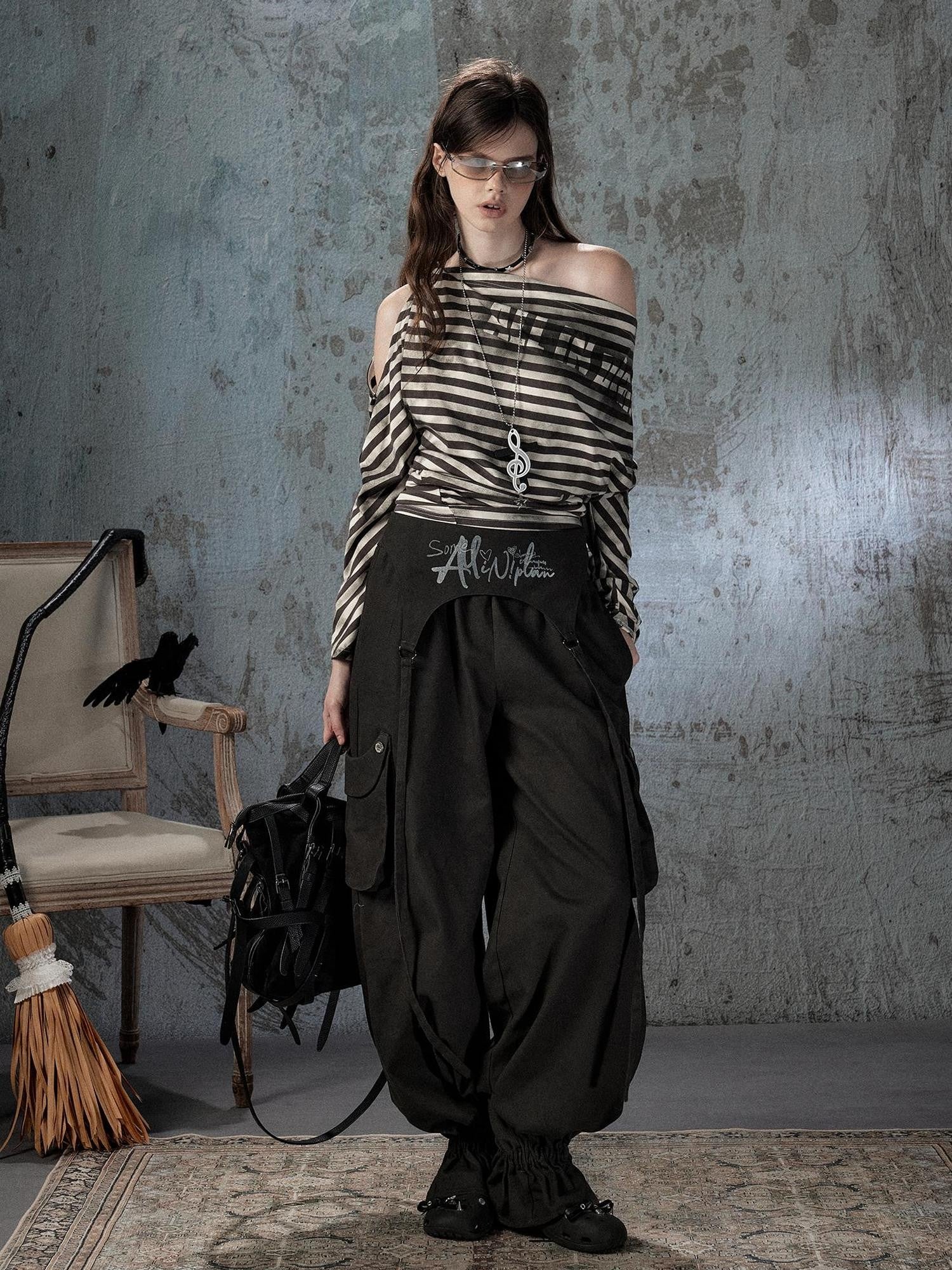 ALL iN plan Asymmetrical Striped Off Shoulder Bat Sleeve Women&
