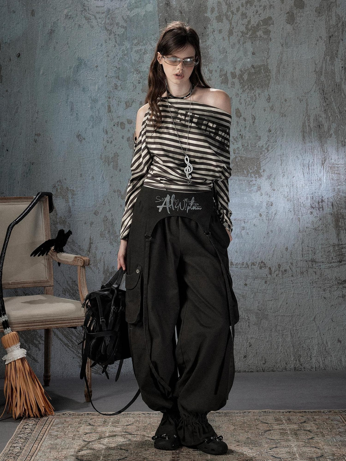 ALL iN plan Asymmetrical Striped Off Shoulder Bat Sleeve Women&