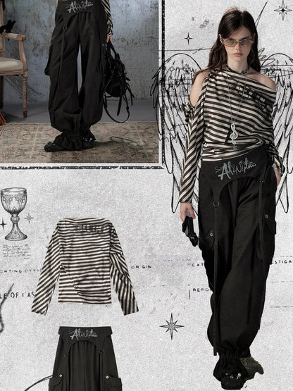 ALL iN plan Asymmetrical Striped Off Shoulder Bat Sleeve Women&