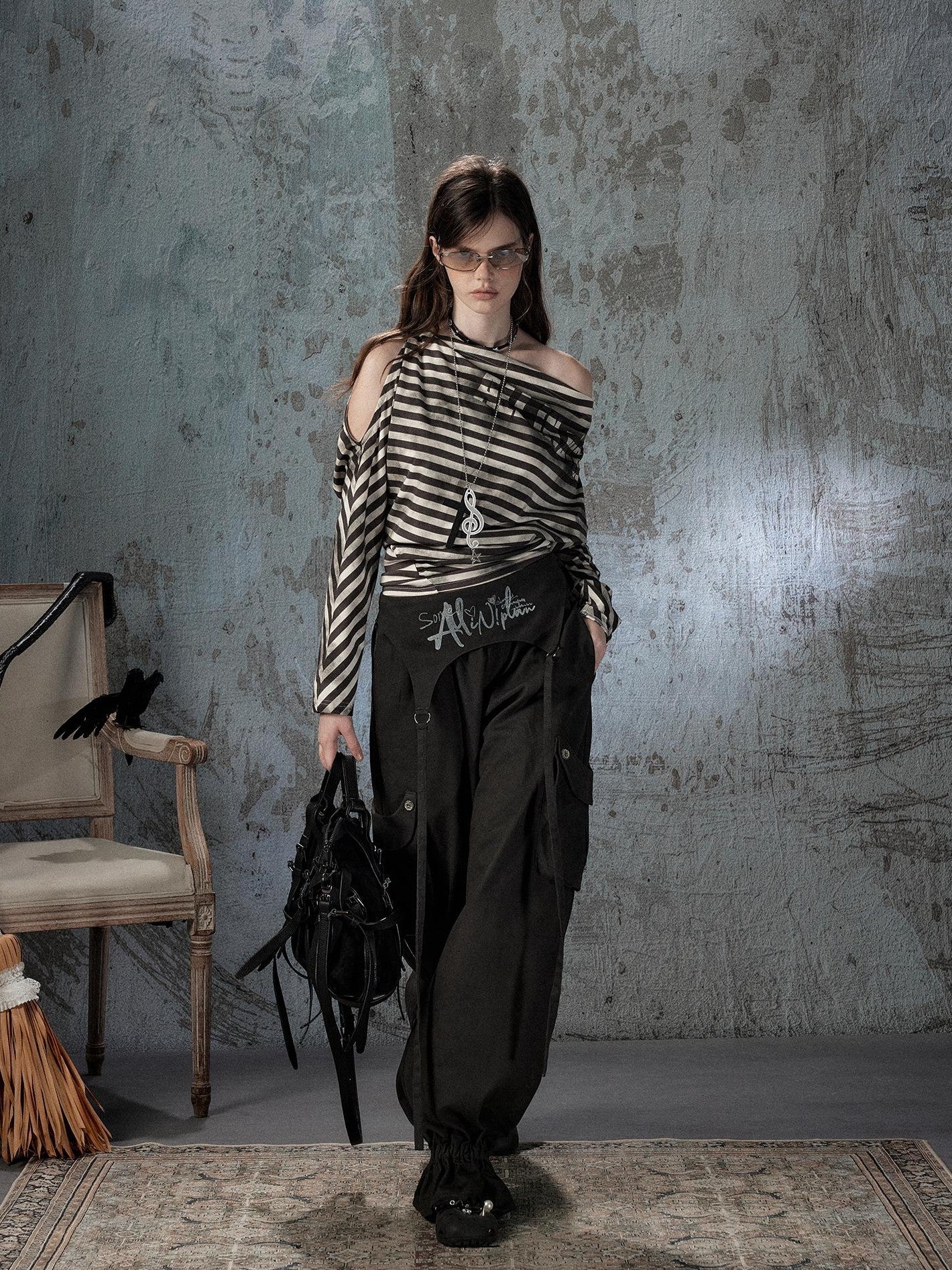 ALL iN plan Asymmetrical Striped Off Shoulder Bat Sleeve Women&