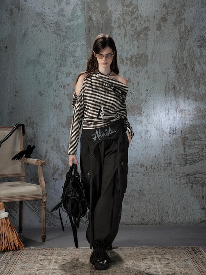 ALL iN plan Asymmetrical Striped Off Shoulder Bat Sleeve Women&