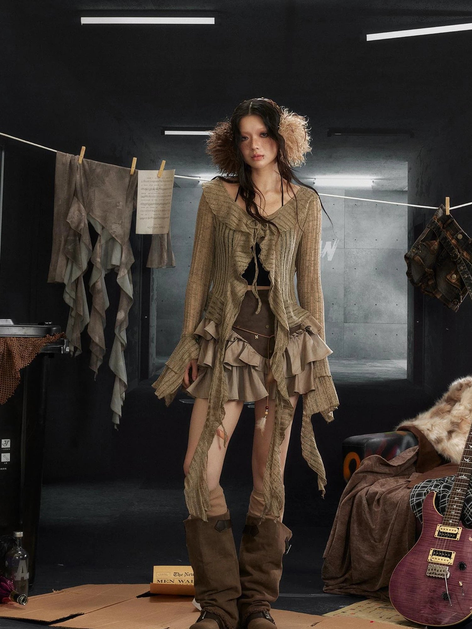 Asymmetrical Studded Leather Trim Feather Hem Rock Skirt