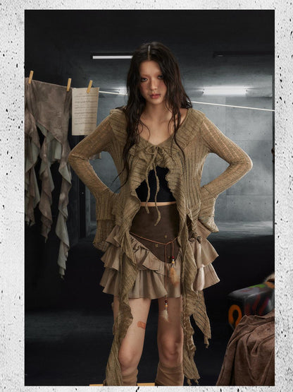 ALL iN plan Asymmetrical Studded Leather Trim Feather Hem Rock Skirt