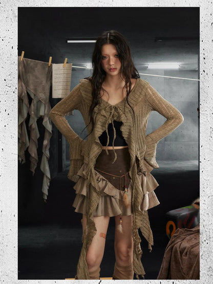 Asymmetrical Studded Leather Trim Feather Hem Rock Skirt