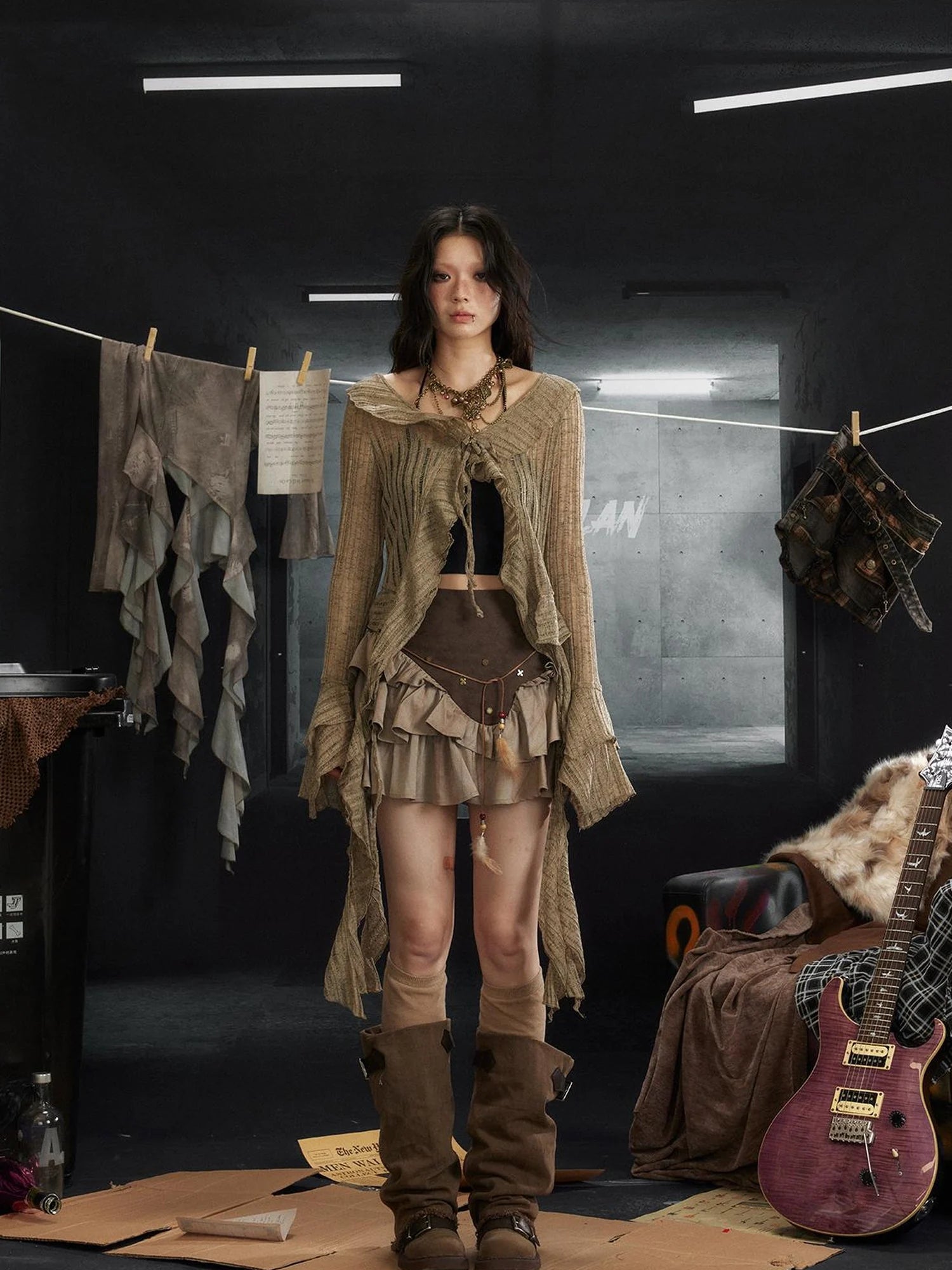 Asymmetrical Studded Leather Trim Feather Hem Rock Skirt