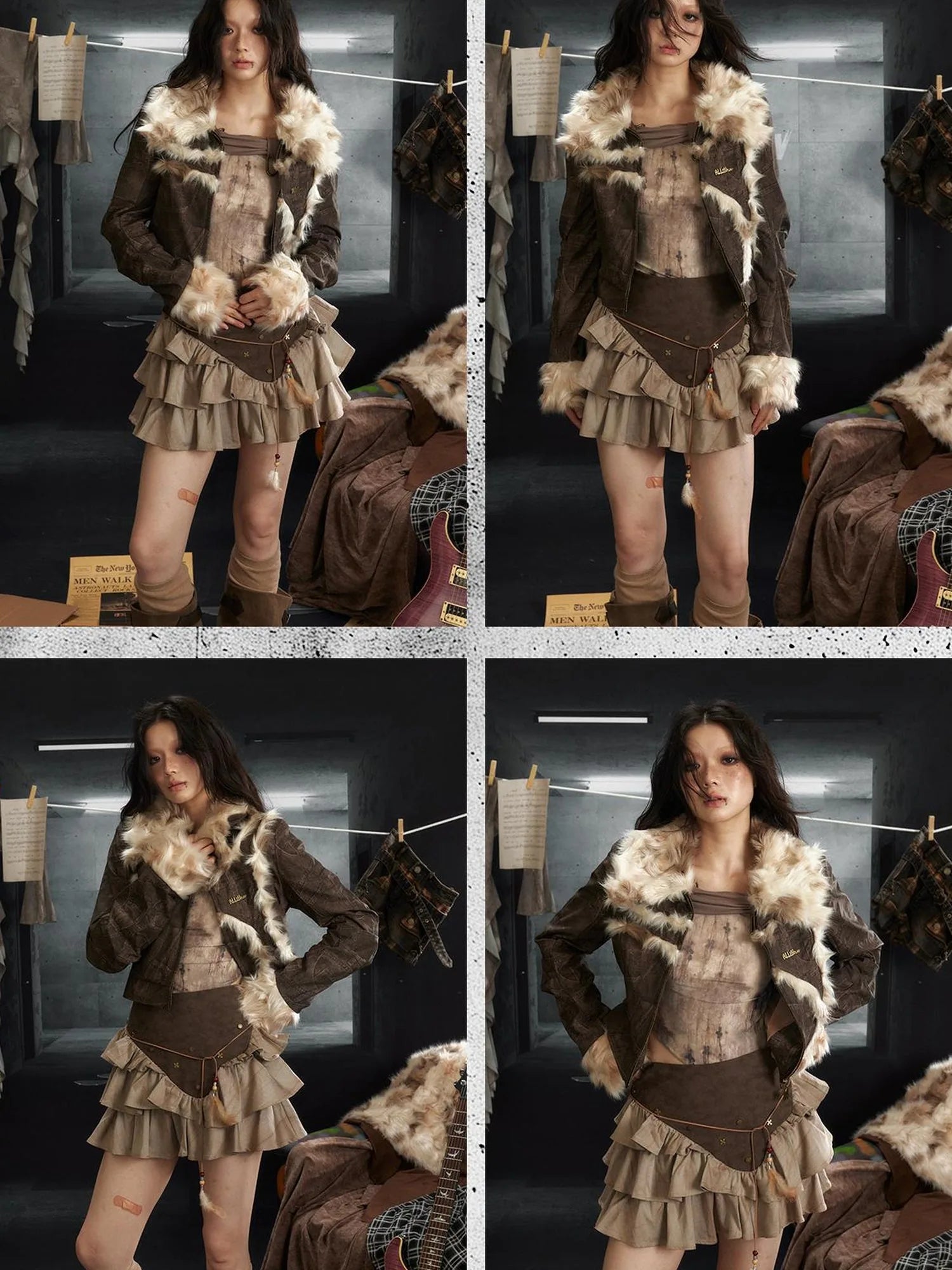 Asymmetrical Studded Leather Trim Feather Hem Rock Skirt