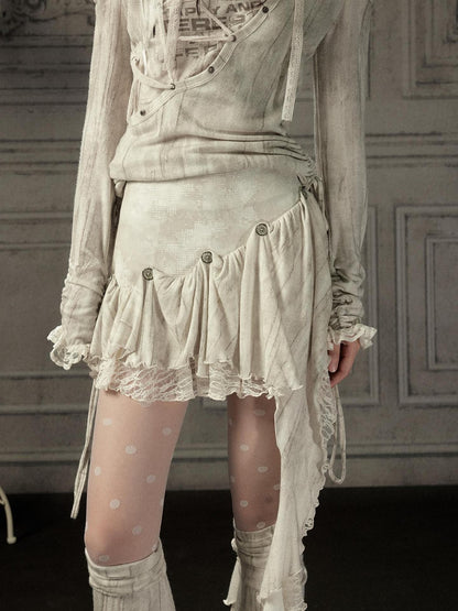 ALL iN plan Beige Asymmetric Button Lace Panel Women&