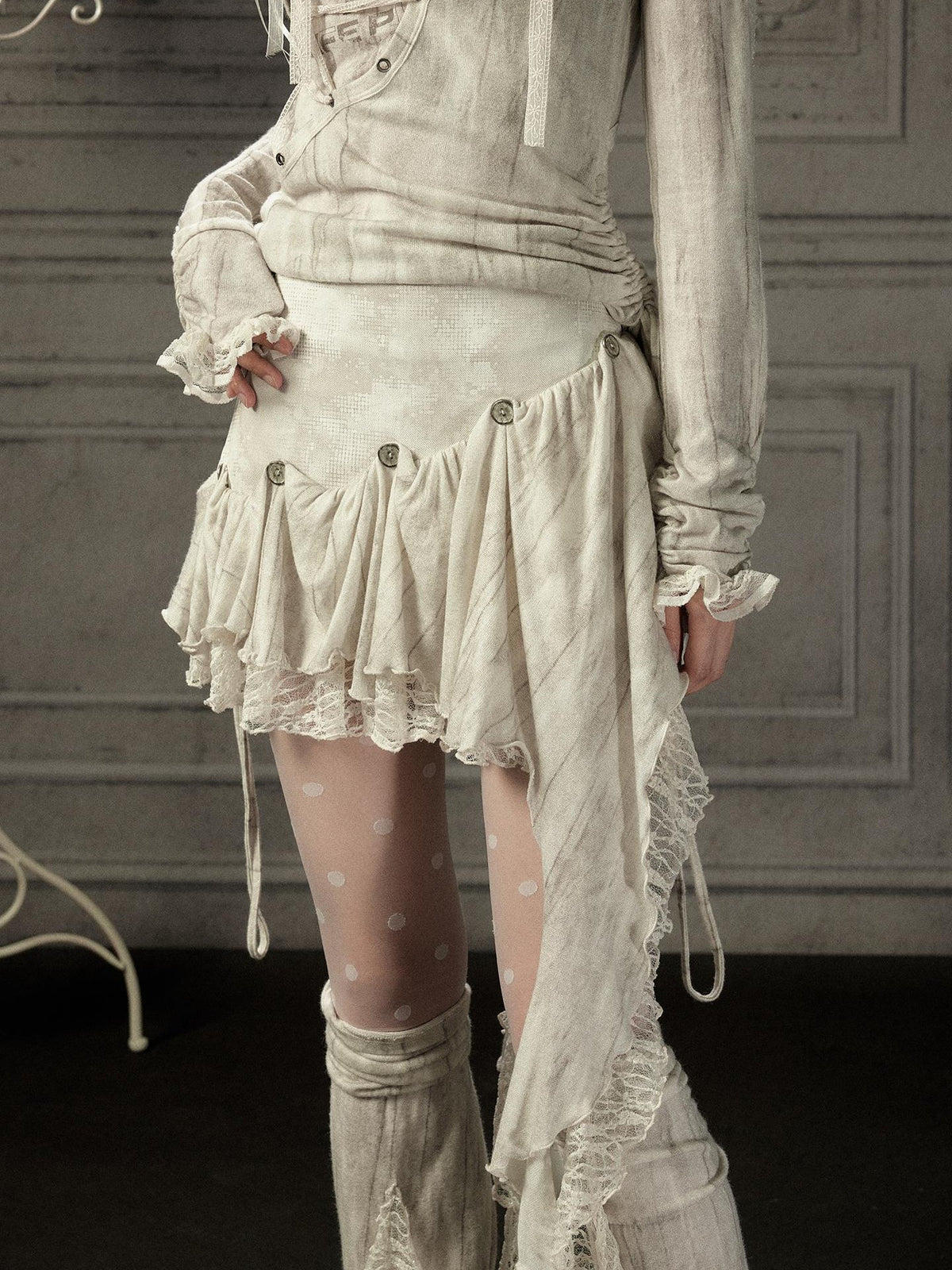 ALL iN plan Beige Asymmetric Button Lace Panel Women&