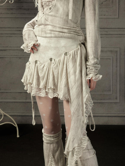 ALL iN plan Beige Asymmetric Button Lace Panel Women&