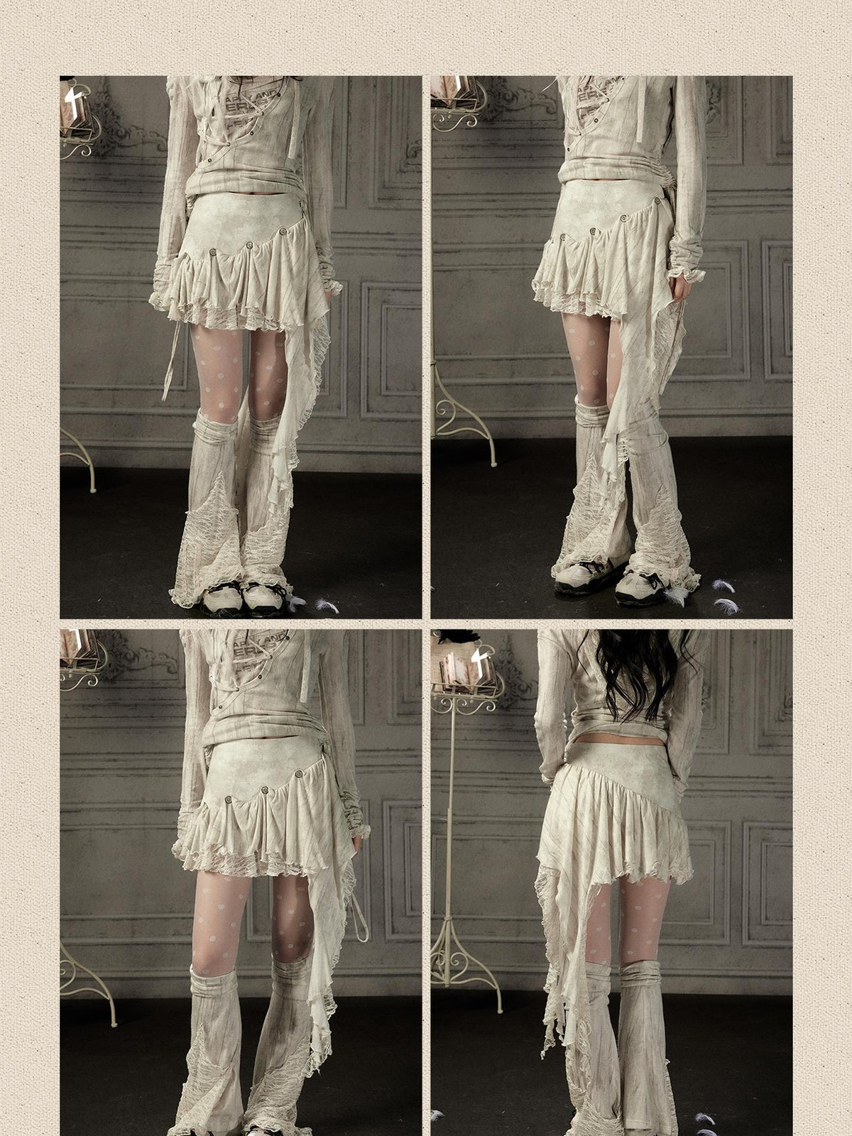 ALL iN plan Beige Asymmetric Button Lace Panel Women&