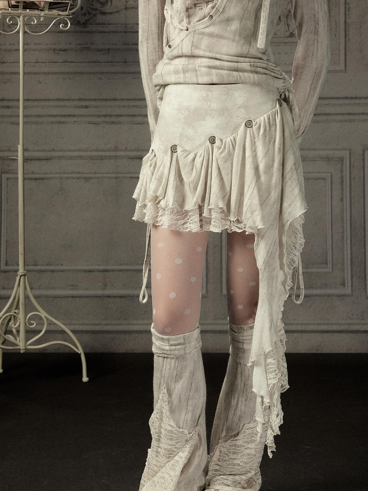 ALL iN plan Beige Asymmetric Button Lace Panel Women&