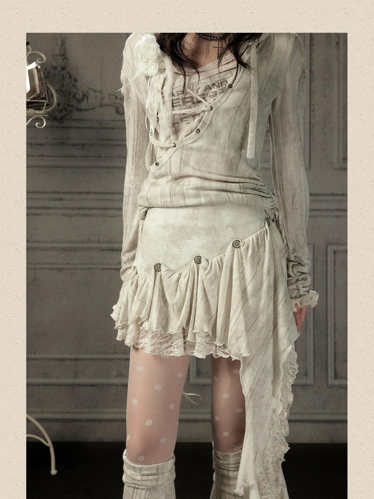 ALL iN plan Beige Asymmetric Button Lace Panel Women&