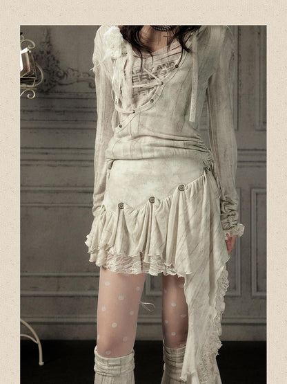 ALL iN plan Beige Asymmetric Button Lace Panel Women&