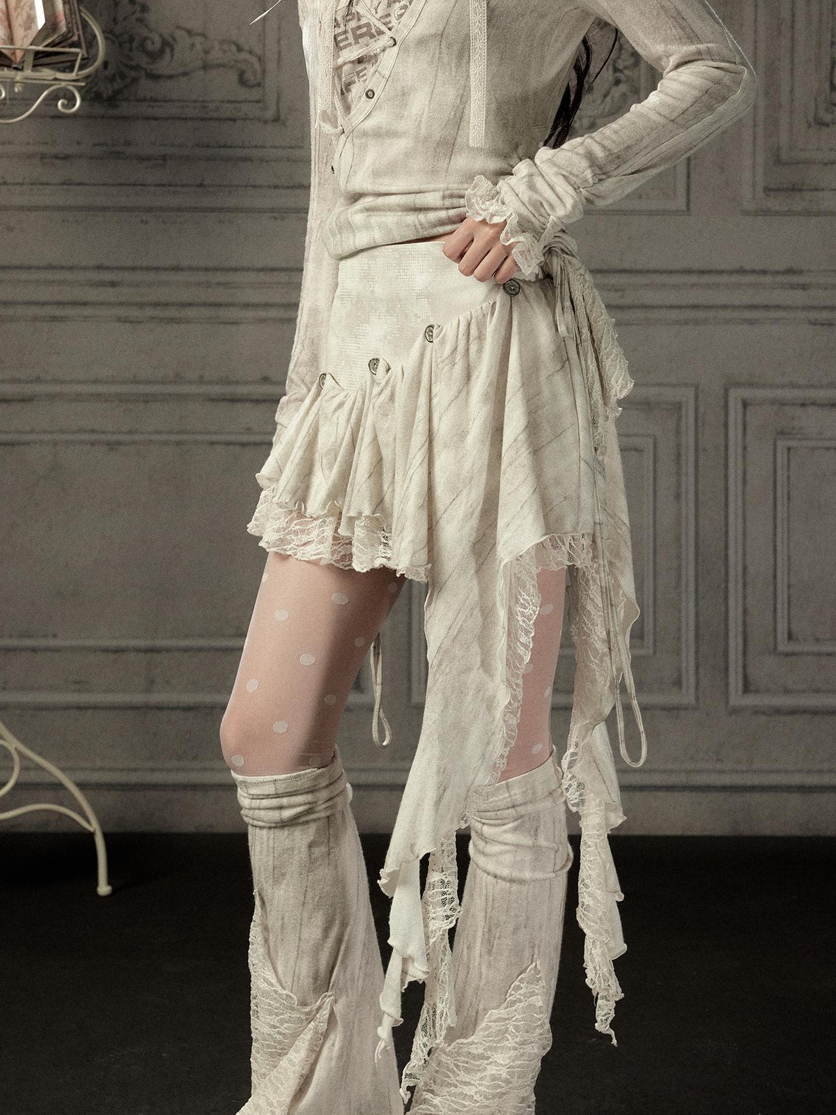 ALL iN plan Beige Asymmetric Button Lace Panel Women&