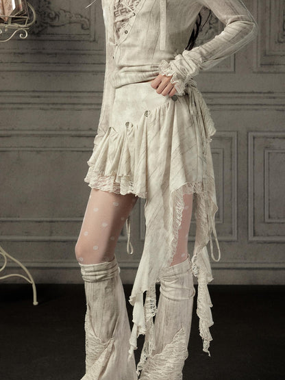 ALL iN plan Beige Asymmetric Button Lace Panel Women&