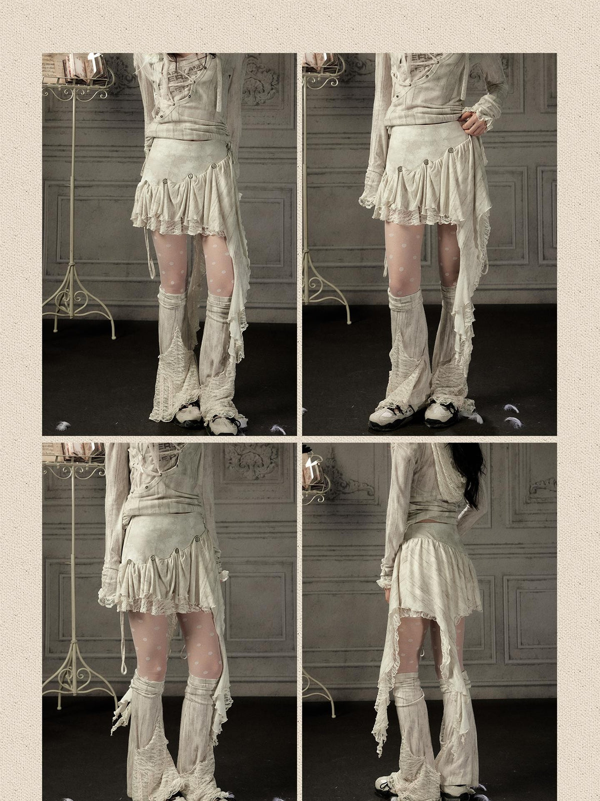 ALL iN plan Beige Asymmetric Button Lace Panel Women&